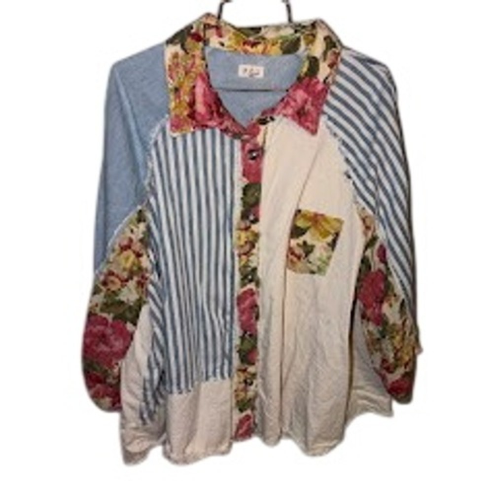 Pol Grams Mixed Media Patchwork Floral Striped Button Down Shirt Large